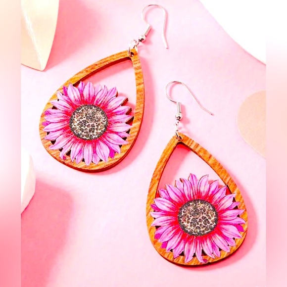 Jewelry - Pink Sunflower Wooden Drop Earrings